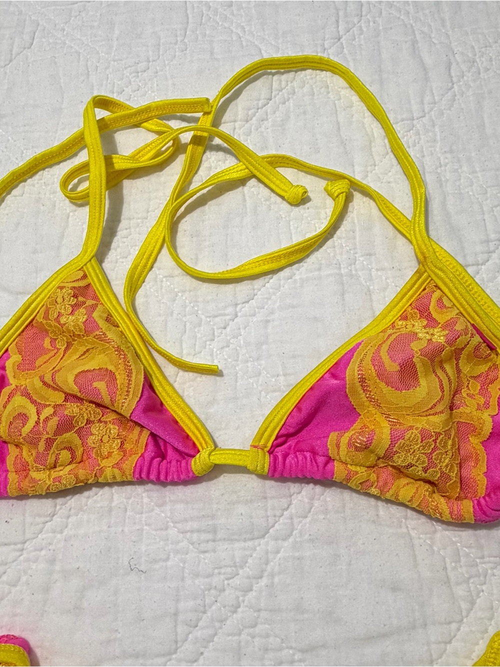 Pink and Yellow Lace Trim Triangle Bikini S/M - Picture 3 of 6